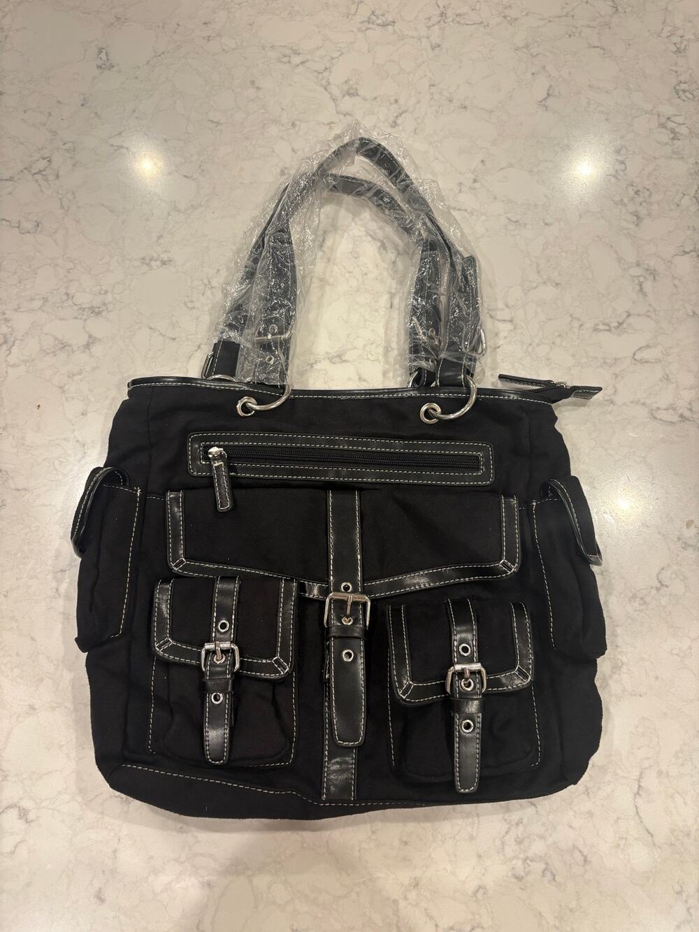 Black Multi-Pocket Shoulder Bag with Buckle Details